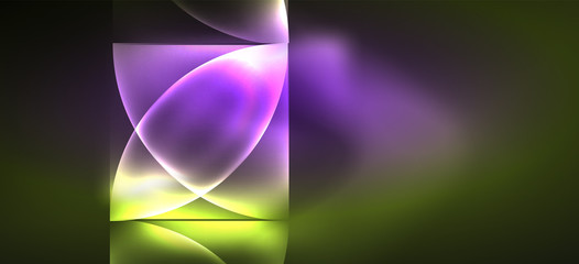 Techno glowing glass geometric shapes vector background, futuristic dark template with neon light effects and simple forms
