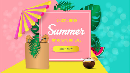 Summer sale banner for mobile and social media banner, poster, shopping ads, marketing material. Summer sale special offer background layout. Ad concept. Vector illustration