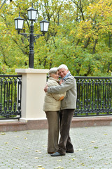 Fototapeta premium Portrait of happy beautiful senior couple hugging in autumn park