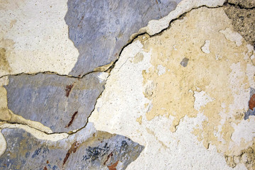 Old plastered wall abstract. Detail of ancient wall with the damaged crumbling plaster with blank place for text. Close-up. Selective focus. Copy space.