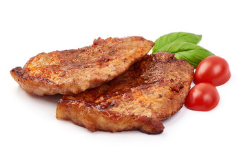 Fried juicy pork steak, isolated on white background
