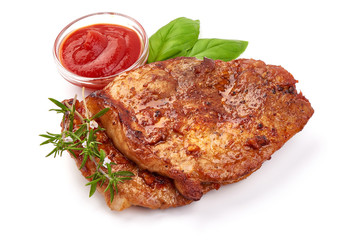 Baked steak, delicious pork meat, isolated on white background