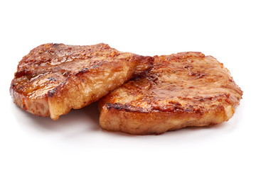 Baked steak, delicious pork meat, isolated on white background