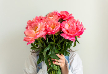 Girl with pink peonies , happy birthday or valentine's day