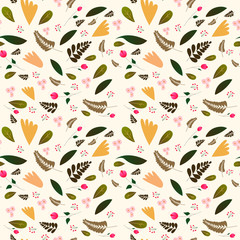   Seamless pattern of branches, leaves, flowers in autumn colours, for wrapping paper, wallpaper, fabric pattern, backdrop, print, gift wrap, cover of notebook, envelope
