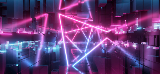 Fototapeta na wymiar Neon Glowing Laser Beam Sci Fi Future Modern Portal Gate Virtual Cyber Vibrant Triangle Rectangle Abstract Shaped Tunnel Corridor Metal Chip Reflective Texture Background 3D Rendering