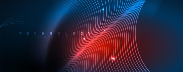 Fototapeta na wymiar Trendy neon blue abstract design with waves and circles. Neon light glowing effect. Abstract digital background.