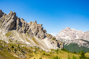 Fototapeta na wymiar View over the mountains at the Fratelli Fonda Savio refuge, Belluno - Italy