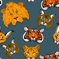 Wild cat masks, lion, tiger, Cheetah, lynx and Caracal, seamless vector background