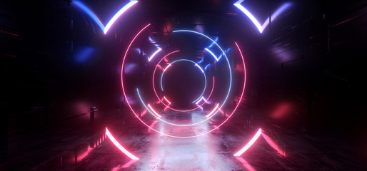 Neon Glowing Laser Beam Sci Fi Future Modern Portal Gate Virtual Cyber Vibrant Triangle Rectangle Abstract Shaped Tunnel Corridor Metal Chip Reflective Texture Background 3D Rendering