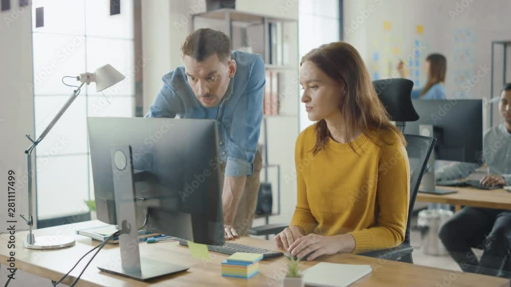 Poster female specialist works on desktop computer, project manager stands beside and gives advice on optim