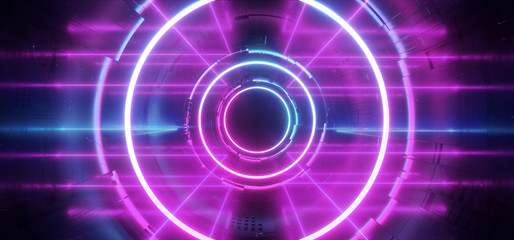 Stage Neon Glowing Alien Spaceship Futuristic Sci Fi Construction Purple Blue Glowing Laser Beams Fluorescent Vibrant Neon City Tunnel Corridor Vitrual Cyber Background 3D Rendering