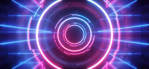 Stage Neon Glowing Alien Spaceship Futuristic Sci Fi Construction Purple Blue Glowing Laser Beams Fluorescent Vibrant Neon City Tunnel Corridor Vitrual Cyber Background 3D Rendering