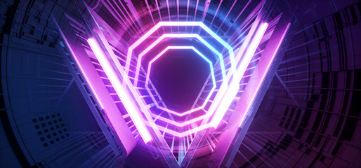 Stage Neon Glowing Alien Spaceship Futuristic Sci Fi Construction Purple Blue Glowing Laser Beams Fluorescent Vibrant Neon City Tunnel Corridor Vitrual Cyber Background 3D Rendering