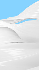 Fototapeta premium Luxurious background of abstract shape. Flowing white fabric or flowing thick white liquid on a blue background. 3D rendering.