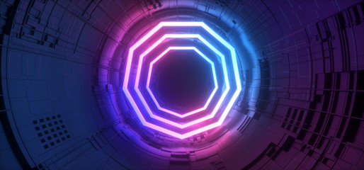 Sci Fi Gate Portal Neon Glowing Sphere Circle Gradient Purple Blue Retro Alien Spaceship Reflective Motherboard Texture Chip Empty Background Spaceship 3D Rendering