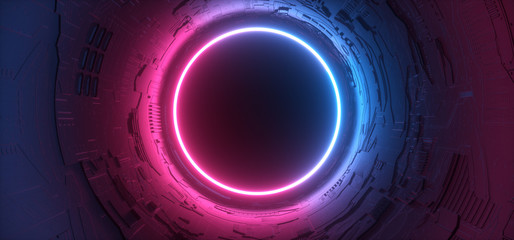 Sci Fi Gate Portal Neon Glowing Sphere Circle Gradient Purple Blue Retro Alien Spaceship Reflective Motherboard Texture Chip Empty Background Spaceship 3D Rendering