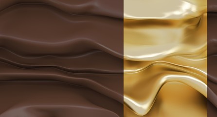 Elegant, luxury chocolate braun background with gold. Melting a thick braun liquid. Expensive background. Wallpaper. 3d rendering.
