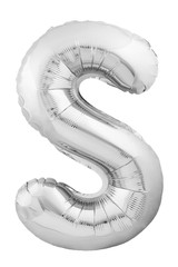 Letter S made of chrome silver inflatable balloon isolated on white background. One of full...
