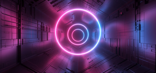Neon Glowing Laser Blue Purple Circle Sci Fi Futuristic  Technology Schematic Motherboard Matrix Chip Reflective Gate Portal Vibrant Tunnel Corridor Background 3D Rendering