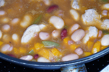 Canned white giant beans cooked in a pan with macro lens photographed