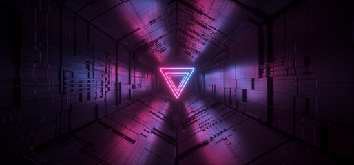 Neon Glowing Laser Blue Purple Triangle Sci Fi Futuristic  Technology Schematic Motherboard Matrix Chip Reflective Gate Portal Vibrant Tunnel Corridor Background 3D Rendering