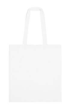 White Fabric Tote Bag Isolated On White Background. Blank White Cotton Bag. Flat Lay. Top View