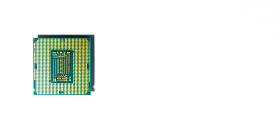 Macro view of processor microchip isolated over white background