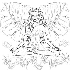 Hand drawn yoga girl in lotus pose with tropical leaves monochrome vector illustration