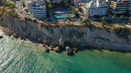 Aerial drone photo of famous dense populated district of Piraeus, Piraiki or Freatida, Attica, Greece