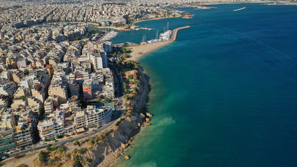 Fototapeta premium Aerial drone photo of famous dense populated district of Piraeus, Piraiki or Freatida, Attica, Greece
