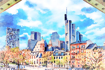 Beautiful Digital Watercolor Painting of Frankfurt am Main, Germany. - obrazy, fototapety, plakaty