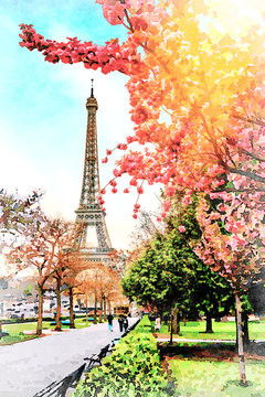 Beautiful Digital Watercolor Painting of the Eiffel Tower in Paris, France in spring.