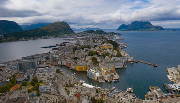 City Centre of Alesund from the Fjellstua Viewpoint on top of the mount Aksla, More og Romsdal, Norway. Aerial drone shot. July 2019
