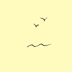 Waves and seagulls. Minimalist drawing. Summer time  idea.