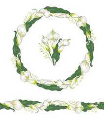 Round wreath with calla lily flower or zantedeschia isolated on white. Seamless horizontal pattern brush. - obrazy, fototapety, plakaty