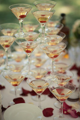 Glasses with drinks, wedding buffet design
