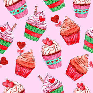 Seamless pattern with watercolor cupcakes and hearts on a pink background. Hand drawn illustration. Fabric and paper design