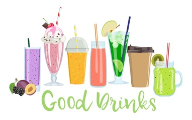 Set of summer soft drinks. Juices, smoothies, coffee. Vector illustration.