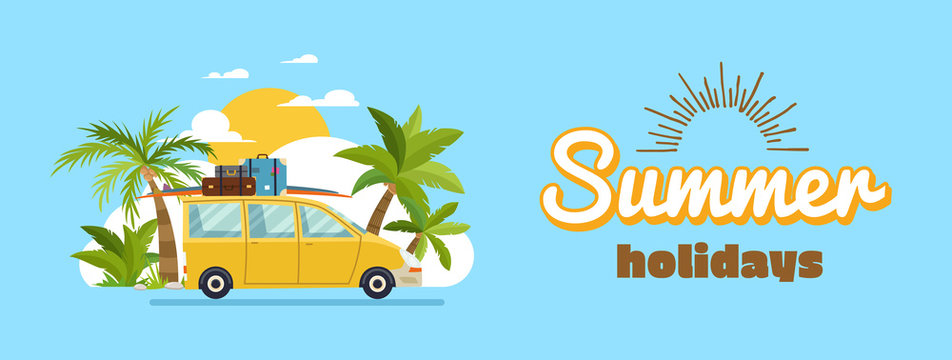 Happy family driving in car on weekend holiday, summer holidays, planning summer vacations, travel by car, summer holiday, Tourism and vacation theme. Flat design vector illustration.