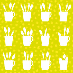 Forks, spoons and knives in a cup, simple flowers in the background. Seamless pattern, easy to edit colors in Illustrator.