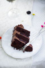 Delicious chocolate cake, red velvet in a glass, wild flowers, berries.