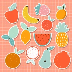 Muurstickers Tropical fruit sticker set. Summer cartoon graphic. Vector hand drawn illustration. © bilaaa