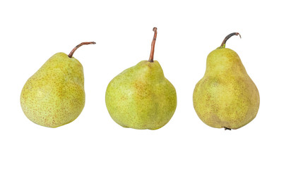 three pakham varietal pears isolated on white