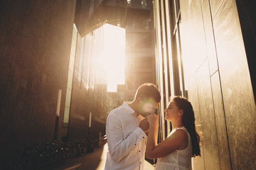 A husband kisses hands for a pregnant wife. Silhouettes of love couple in sun rays.