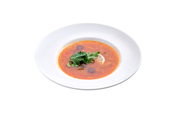 Traditional solyanka sour soup isolated on white