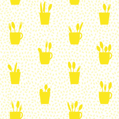 Forks, spoons and knives in a cup. Short diagonal stripes in the background. Seamless pattern, transparent background. Easy to edit colors in Illustrator.
