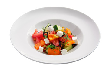 Salad with fresh tomato, cucumber, pepper, olives and mozzarella