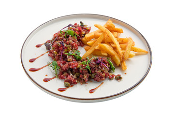 Beef tartare with fried potato isolated on white