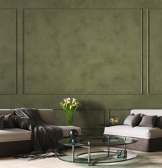 Dark green modern living room interior background, 3D render